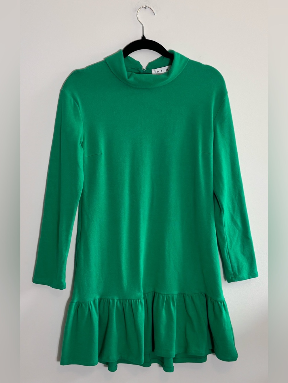 BURU Green Long Sleeve Ruffle Hem Dress Size Small Kelly Green Mock Neck Dress